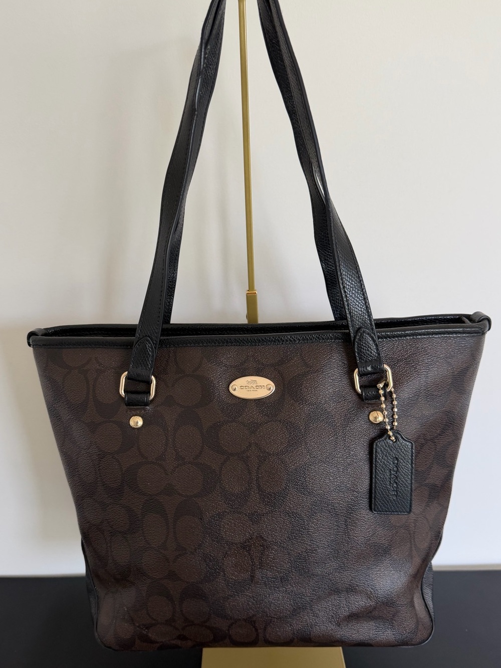 Coach F34603 Signature City Zip Top Tote Brown Black Shoulder Bag